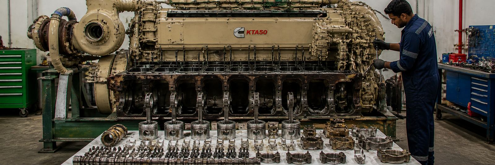 Cummins KTA50 engine in NativeWay workshop — full top-end and bottom-end overhaul, pistons and components laid out for inspection