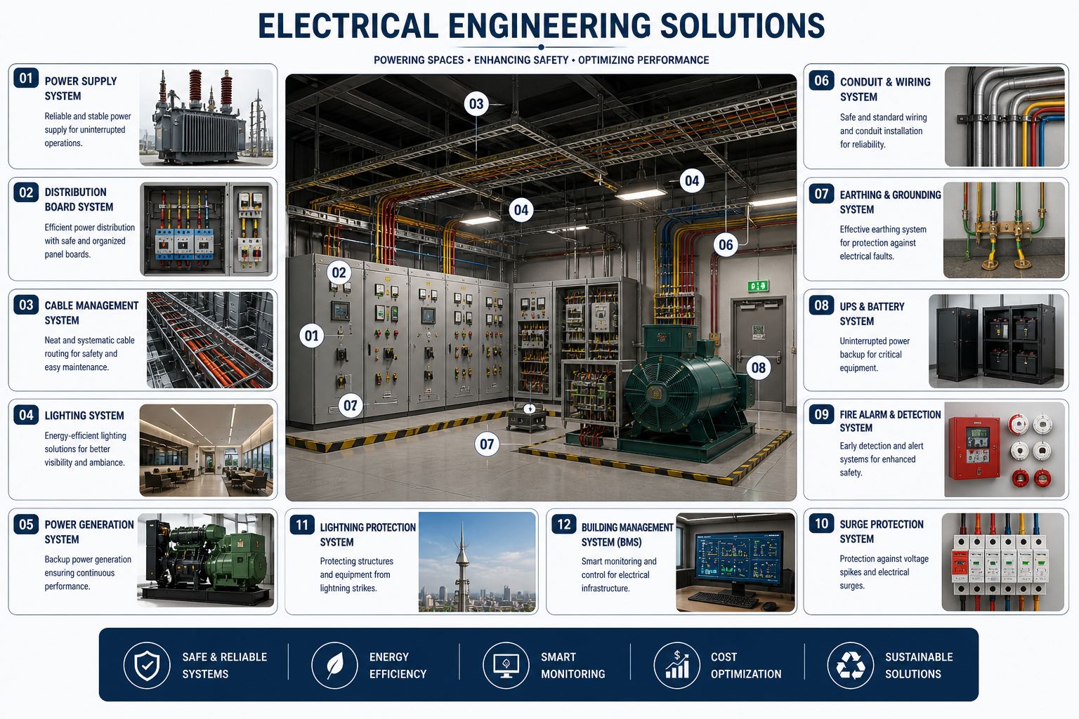 Electrical engineering installations — power supply, distribution boards, cable management, lighting, generation, conduit, earthing, UPS, fire alarm, surge, lightning protection and BMS